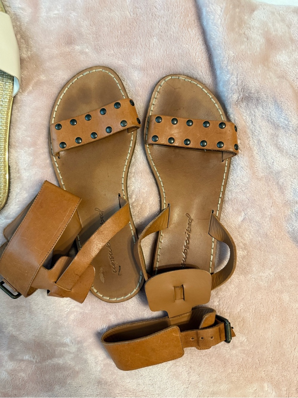 Women's Cognac Leather Studded Ankle-Strap Sandals